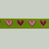 Miniatura de foto de Cinta grosgrain verde con corazones rosas 9mm