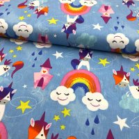 Miniatura de foto de Popelín estampado unicornios y arcoiris multicolor fondo azul