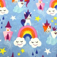 Miniatura de foto de Popelín estampado unicornios y arcoiris multicolor fondo azul