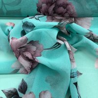 Miniatura de foto de Gasa estampado flores turquesa