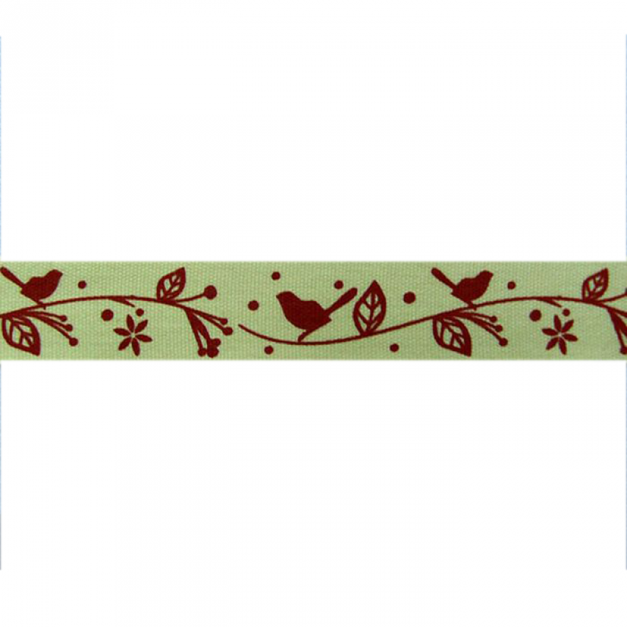 Cinta decorativa crema con ramas y pájaros rojos, 15mm