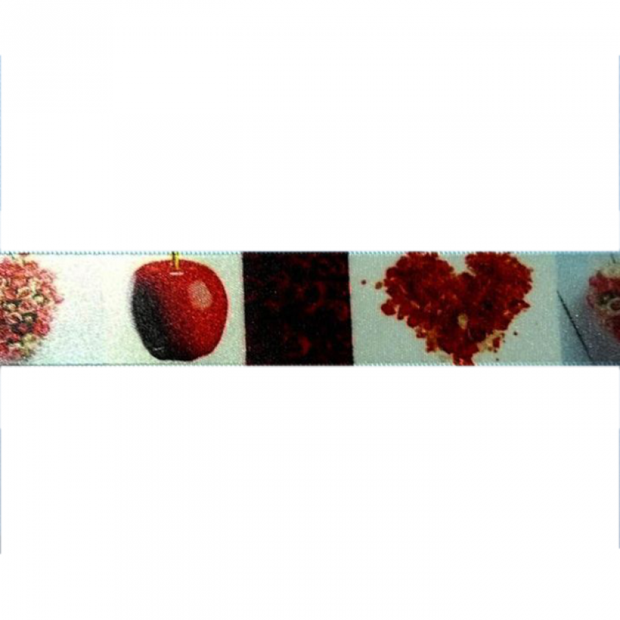 Cinta raso corazones y manzanas roja 25mm
