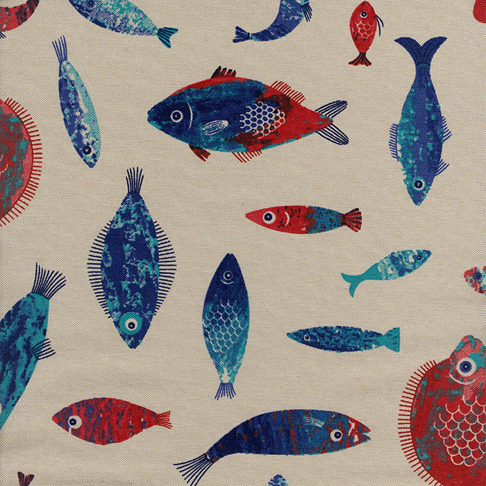 Foto de Loneta gris estampada peces azules y rojos