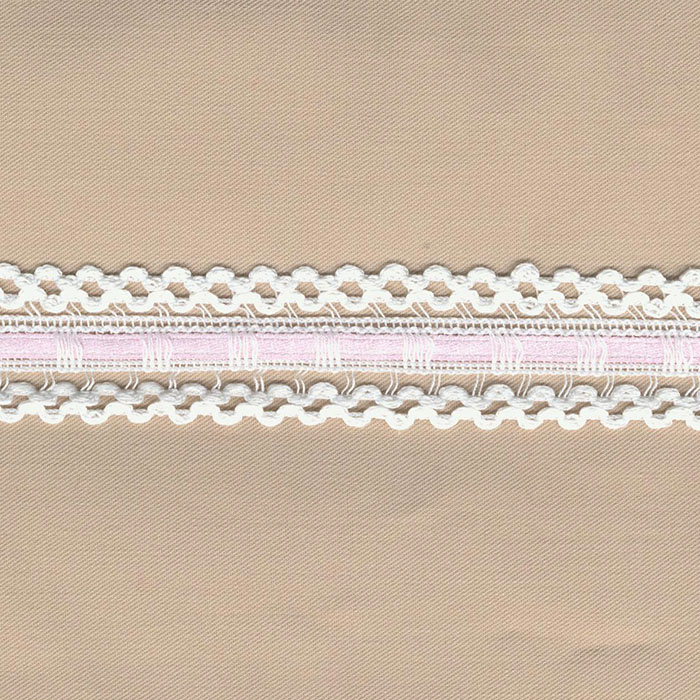Galón pasacintas bolillo con cinta blanco, rosa 24mm