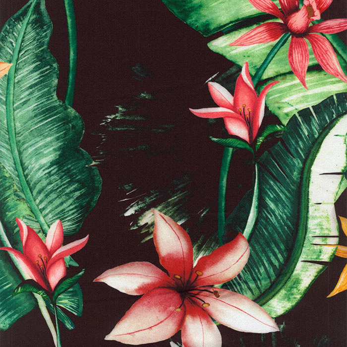 Foto de Punto neopreno negro estampado tropical flores rosas