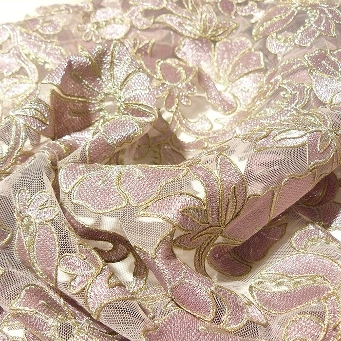 Foto de Encaje tul bordado rosa, malva, lurex oro
