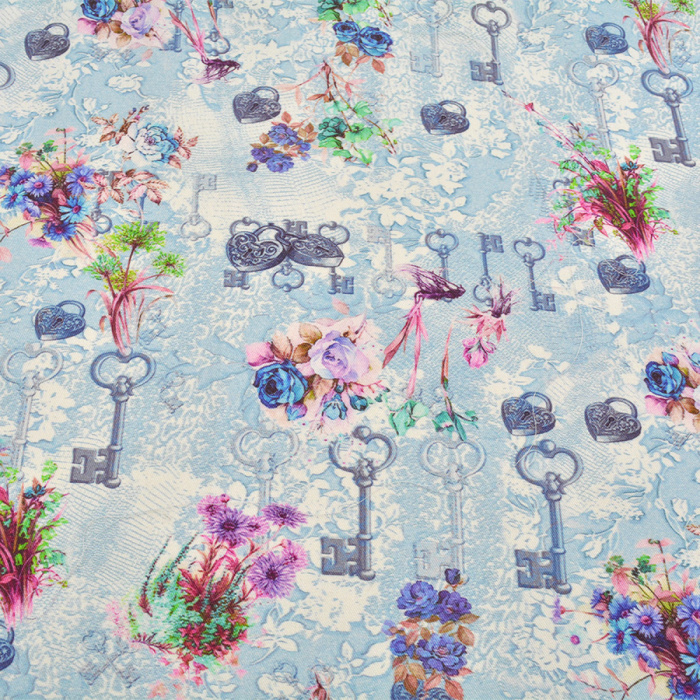 Foto de Viscosa estampada flores y llaves azul, rosa, verde, blanco