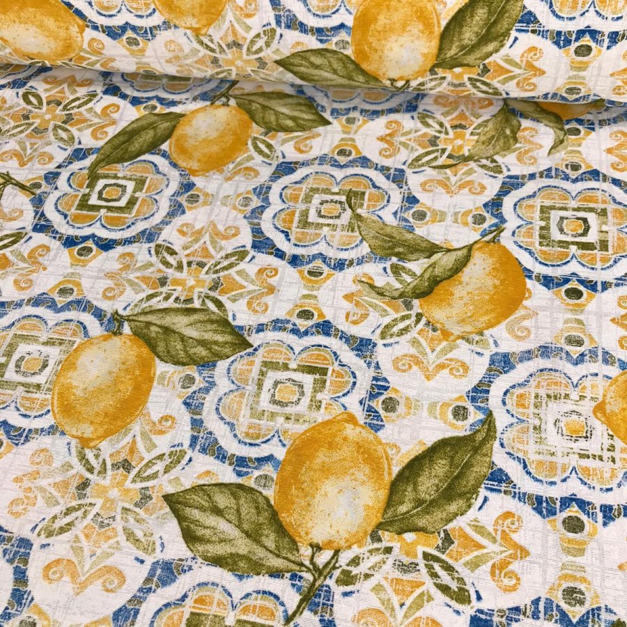 Loneta estampada limones y azulejos azul