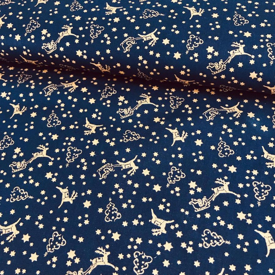 Foto de Popelín Navidad renos y estrellas azul